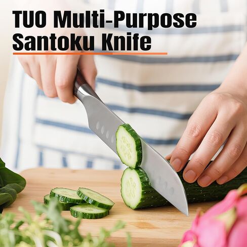 سكين TUO Santoku، سكين الشيف الياباني مقاس 7 بوصة لتقطيع الخضروات وتقطيع اللحوم، فولاذ ألماني عالي الكربون، مقبض مريح - سلسلة فينيكس الناري in Kuwait