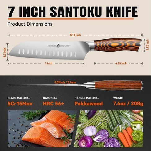 سكين TUO Santoku، سكين الشيف الياباني مقاس 7 بوصة لتقطيع الخضروات وتقطيع اللحوم، فولاذ ألماني عالي الكربون، مقبض مريح - سلسلة فينيكس الناري in Kuwait