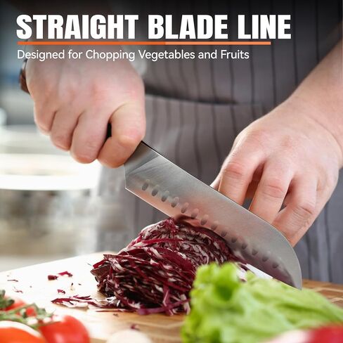 سكين TUO Santoku، سكين الشيف الياباني مقاس 7 بوصة لتقطيع الخضروات وتقطيع اللحوم، فولاذ ألماني عالي الكربون، مقبض مريح - سلسلة فينيكس الناري in Kuwait
