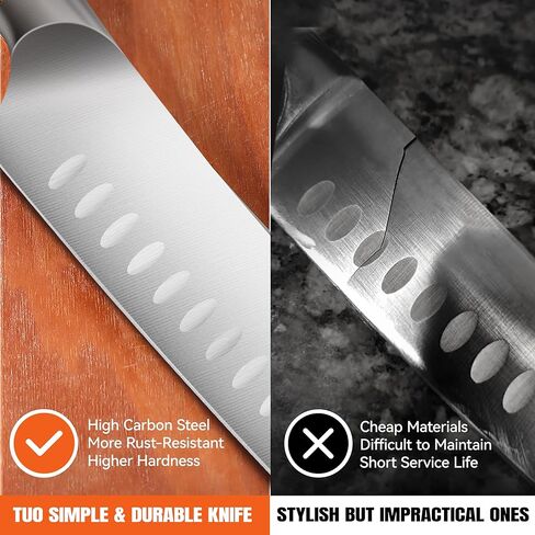 سكين TUO Santoku، سكين الشيف الياباني مقاس 7 بوصة لتقطيع الخضروات وتقطيع اللحوم، فولاذ ألماني عالي الكربون، مقبض مريح - سلسلة فينيكس الناري in Kuwait
