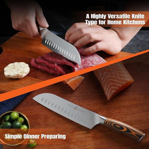 سكين TUO Santoku، سكين الشيف الياباني مقاس 7 بوصة لتقطيع الخضروات وتقطيع اللحوم، فولاذ ألماني عالي الكربون، مقبض مريح - سلسلة فينيكس الناري in Kuwait