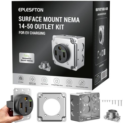 Nema 14-50 EV Outlet with Surface Mount Box Kit, 50 amp EV Charging Straight Blade Device Receptacle Heavy Duty, Industrial Grade, 3-Pole 4-Wire Grounding, 50A 125/250V,ETL Listed,Black in Saudi Arabia