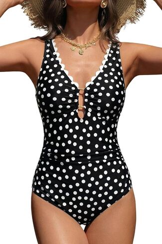 Aleumdr Womens Slimming One Piece Swimsuit Ruched Tummy Control Bathing Suits Scallop Trim V Neck Cut Out Swimwear 2026 in Saudi Arabia