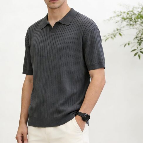 Men’s Knit Shirt V Neck Textured Vertical Stripe Top Business Casual Short Sleeve Golf Shirt Summer T Shirt in Kuwait