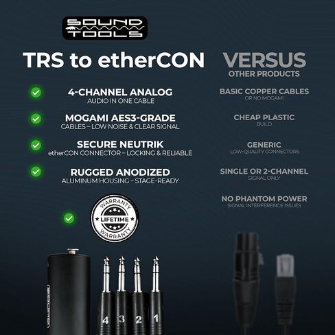 SoundTools CAT Tails TRS - محول 4 قنوات ذكر 1/4 بوصة إلى RJ45 - صوت تناظري عبر CAT5e/6/7 - موصلات نيوتريك - كابل درجة موغامي AES3 - غطاء ألومنيوم متين للمسرح والاستوديو والصوت الحي in Kuwait