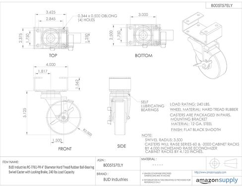 BUD Industries RC-7761-PR عجلة دوارة بمحمل كروي مطاطي مع فرامل قفل 5.13 بوصة ارتفاع × 4 بوصة عمق، أسود in Kuwait
