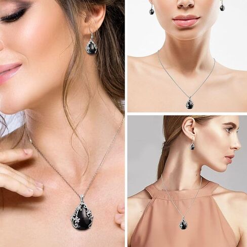 Jewelry Set for Women - Floral Gemstone Necklace & Earring Sets - Lapis Lazuli, Black Onyx & Dendritic Pendant Necklaces & Dangle Earrings - 20" Necklace Length Christmas Gifts for Women in Saudi Arabia