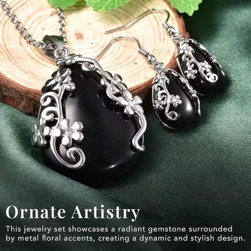 Jewelry Set for Women - Floral Gemstone Necklace & Earring Sets - Lapis Lazuli, Black Onyx & Dendritic Pendant Necklaces & Dangle Earrings - 20" Necklace Length Christmas Gifts for Women in Saudi Arabia