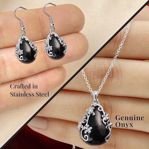 Jewelry Set for Women - Floral Gemstone Necklace & Earring Sets - Lapis Lazuli, Black Onyx & Dendritic Pendant Necklaces & Dangle Earrings - 20" Necklace Length Christmas Gifts for Women in Saudi Arabia
