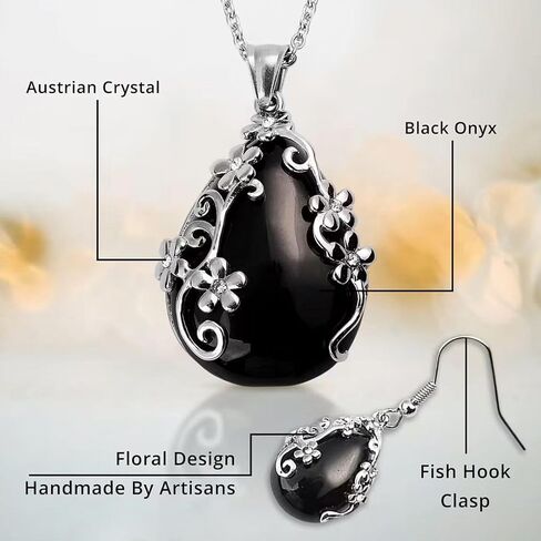 Jewelry Set for Women - Floral Gemstone Necklace & Earring Sets - Lapis Lazuli, Black Onyx & Dendritic Pendant Necklaces & Dangle Earrings - 20" Necklace Length Christmas Gifts for Women in Saudi Arabia