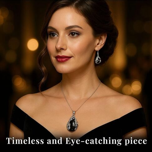 Jewelry Set for Women - Floral Gemstone Necklace & Earring Sets - Lapis Lazuli, Black Onyx & Dendritic Pendant Necklaces & Dangle Earrings - 20" Necklace Length Christmas Gifts for Women in Saudi Arabia