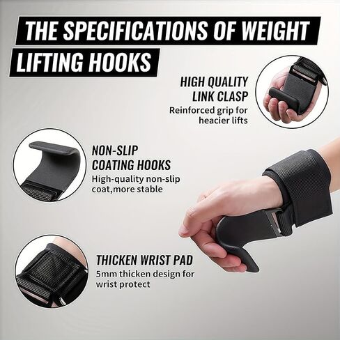 1 Pair Heavy Duty Weight Lifting Hooks with Wrist Straps - Premium Deadlift Grips for Weightlifting, Powerlifting & Bodybuilding (Black) in Kuwait