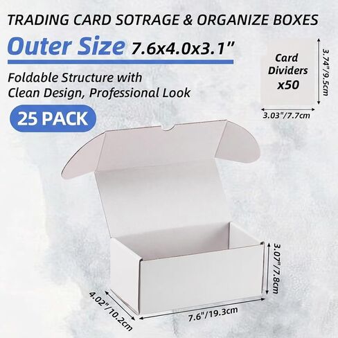 EXYGLO Trading Card Storage Box 25 Pack 340 Count 20pt with Dividers, 7.1x3.8x2.9 Inch Full White Cardboard Card Boxes for TCG/MTG/Sport Cards, Fit 3.6x2.6 Sleeves Shipping or Storing in Kuwait