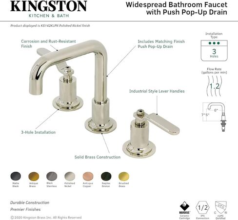 Kingston Brass KS142KLPN Whitaker صنبور حمام واسع الانتشار مع دفع منبثق، نيكل مصقول in Kuwait