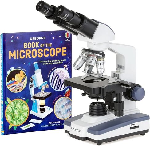 مجهر مركب ثنائي العينين AmScope B120B-WM Siedentopf، تكبير 40X-2000X، برايتفيلد، إضاءة LED، مكثف آبي، مرحلة ميكانيكية مزدوجة الطبقة، يتضمن كتابًا in Kuwait