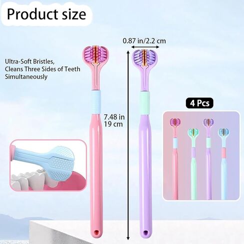 4 Pcs 3 Sided Toothbrush, Soft Bristle Toothbrush for Comprehensive Care of Teeth and Gums, Oral Care for Adults and Youth (Blue, Green, Pink, Purple) in Kuwait