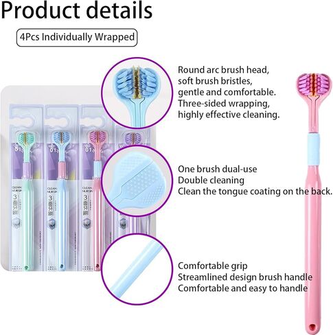 4 Pcs 3 Sided Toothbrush, Soft Bristle Toothbrush for Comprehensive Care of Teeth and Gums, Oral Care for Adults and Youth (Blue, Green, Pink, Purple) in Kuwait