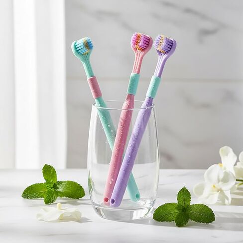 4 Pcs 3 Sided Toothbrush, Soft Bristle Toothbrush for Comprehensive Care of Teeth and Gums, Oral Care for Adults and Youth (Blue, Green, Pink, Purple) in Kuwait