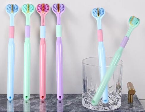 4 Pcs 3 Sided Toothbrush, Soft Bristle Toothbrush for Comprehensive Care of Teeth and Gums, Oral Care for Adults and Youth (Blue, Green, Pink, Purple) in Kuwait