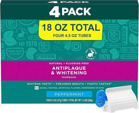 Antiplaque & Whitening Toothpaste, Peppermint, Fluoride-Free – 4 Pack (4.5 oz Each, 18 oz Total) – Natural Whitening with Zinc & Xylitol + Free Toothpaste Squeezer Gift in Kuwait