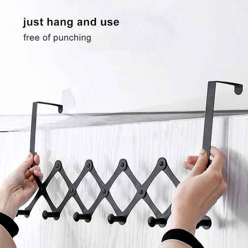 Stainless Steel Telescopic Folding Door Hooks Over the Door Hanger Rack for Living Room Bedroom (6 Hooks Black [no Need to Punch Holes]) in Kuwait
