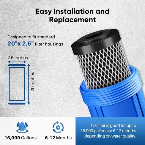 PUREPLUS 5 Micron 20" x 2.5" Whole House CTO Carbon Sediment Water Filter Cartridge Compatible with C1-20, EP-20, HX-CB-25-2010, F3WCB32, Pack of 1 in Saudi Arabia