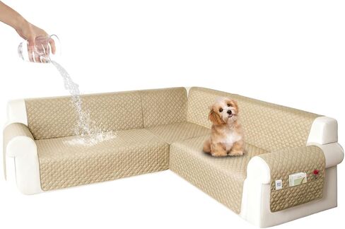 Waterproof Corner Sectional Couch Cover for Dogs L Shape Modular Sectional Sofa Cover Oversized U Shaped Sofa Slipcovers Soft Fabric Furniture Protector Washable (XX-Large, Khaki) in Saudi Arabia