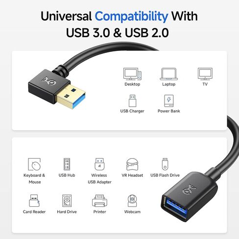 كابل ماترز 5 جيجابت في الثانية كومبو حزمة 90 درجة و270 درجة زاوية يمنى كابل تمديد USB - 0.5 قدم / 16 سم، كابل تمديد USB 3.0 قصير، موسع USBA ذكر إلى أنثى، أسود in Kuwait