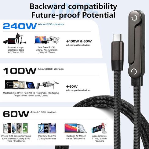 240W USB C to USB C Cable 2-Pack 5FT with Desktop Stand, 90 Degree Right Angle Braided Fast Charging Type C Cord for iPhone 17/16/15, MacBook Pro/Air M4, Galaxy S25/S24, iPad Pro, Switch in Saudi Arabia