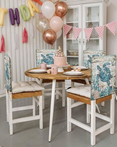 Teal Crab Coastal Chair Covers Set of 4 for Dining Room, Summer Beach Chair Back Cover, Nautical Starfish Shell Retro Removable Kitchen Chair Slipcovers Seat Protector for Party Banquet in Saudi Arabia