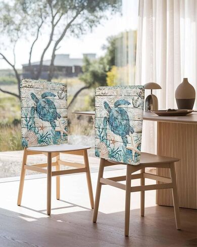 Teal Crab Coastal Chair Covers Set of 4 for Dining Room, Summer Beach Chair Back Cover, Nautical Starfish Shell Retro Removable Kitchen Chair Slipcovers Seat Protector for Party Banquet in Saudi Arabia