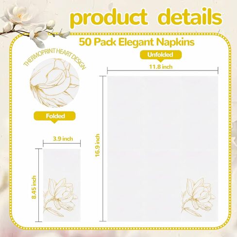 50 Pack Gold Magnolia Napkins - Gold Floral Disposable Napkins - Cloth-Like Feel Dinner Paper - Vintage Heavy Duty Hand Towels for Bathroom Wedding Holiday Party Bridal Decorative Towels in Saudi Arabia