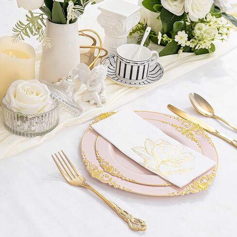 50 Pack Gold Magnolia Napkins - Gold Floral Disposable Napkins - Cloth-Like Feel Dinner Paper - Vintage Heavy Duty Hand Towels for Bathroom Wedding Holiday Party Bridal Decorative Towels in Saudi Arabia