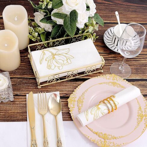 50 Pack Gold Magnolia Napkins - Gold Floral Disposable Napkins - Cloth-Like Feel Dinner Paper - Vintage Heavy Duty Hand Towels for Bathroom Wedding Holiday Party Bridal Decorative Towels in Saudi Arabia