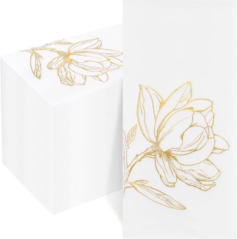 50 Pack Gold Magnolia Napkins - Gold Floral Disposable Napkins - Cloth-Like Feel Dinner Paper - Vintage Heavy Duty Hand Towels for Bathroom Wedding Holiday Party Bridal Decorative Towels in Saudi Arabia