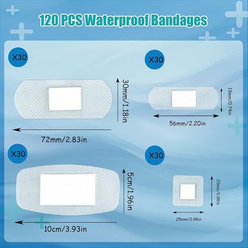 120 Pcs Waterproof Bandages Variety Pack, Clear Adhesive Bandaids for Wound Care, Fingers, Knees and Heels, Stays on Skin in The Bath, Shower or Pool, First-Aid, Assorted Size in Kuwait