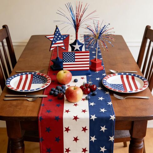 Patriotic Table Runner 4th of July Decor & Memorial Day Decor in Red White and Blue American Flag Design Independence Day Table Runner for Kitchen, Dining, Home Party in Kuwait