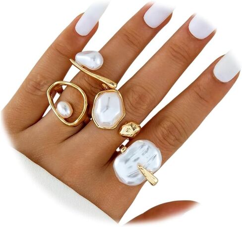 Gold Chunky Stackable Baroque Pearl Rings Set for Women, Retro Irregular Round Oval Pearls Non Tarnish Knuckle Open Ring Fashion Party Jewelry Gifts in Saudi Arabia