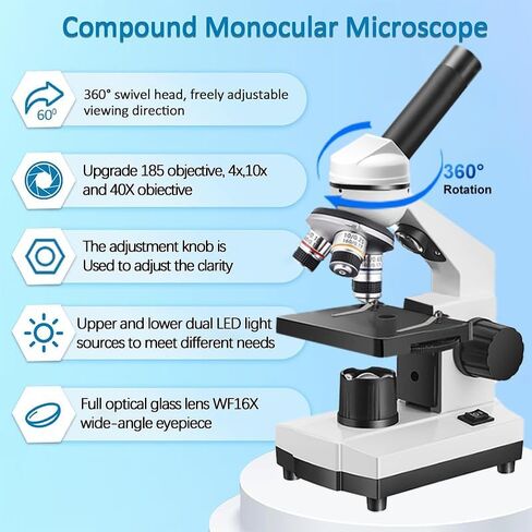 Adult and Student Compound Microscope - 40X-2000X High-Power Biological Microscope, with Dual LED Lighting, Suitable for School Laboratories and Home Education in Kuwait