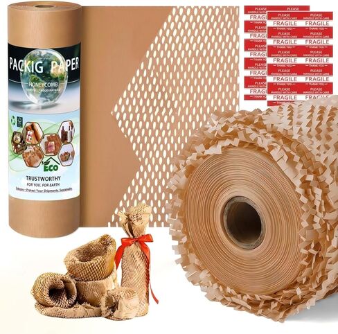 Honeycomb Packing Paper - Biodegradable Bubble Wrap Alternative 15"x200 FT, 80gsm with 20 Fragile Sticker Labels | Eco-Friendly Cushioning for Shipping, Moving & Small Business Packaging,Fragile Items in Kuwait