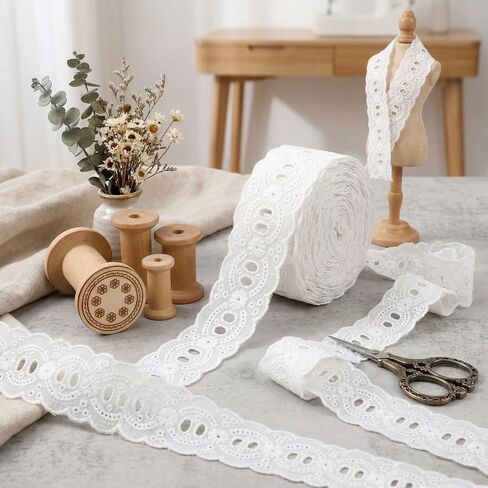 IDONGCAI Eyelet Lace Trim Cotton White Lace Ribbon Embroidery Lace Trim for Sewing Craft Lace Fabric for Home Decor Supply (1.35 inch Width) in Saudi Arabia
