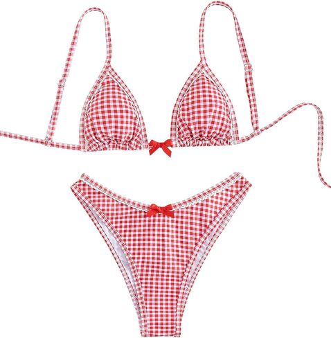 GORGLITTER Women's Bow Tie Gingham Swimsuit Cheeky Triangle High Cut Bikini Sets Cute Bathing Suits Red Small in Kuwait