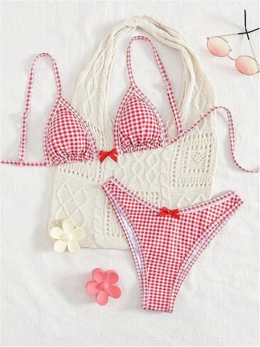 GORGLITTER Women's Bow Tie Gingham Swimsuit Cheeky Triangle High Cut Bikini Sets Cute Bathing Suits Red Small in Kuwait