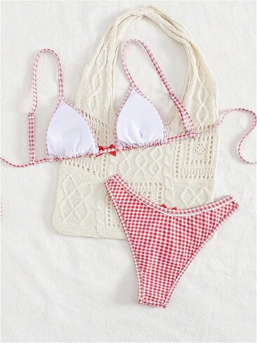 GORGLITTER Women's Bow Tie Gingham Swimsuit Cheeky Triangle High Cut Bikini Sets Cute Bathing Suits Red Small in Kuwait