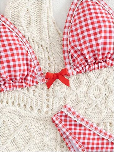 GORGLITTER Women's Bow Tie Gingham Swimsuit Cheeky Triangle High Cut Bikini Sets Cute Bathing Suits Red Small in Kuwait
