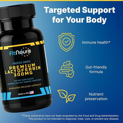 Enteric Coated Lactoferrin Supplement - Delayed Release Capsules | Grass Fed Bovine Lactoferrin | Immune Support, Boosts Immunity, Gut Health, Digestive Support | Low Lactose in Kuwait