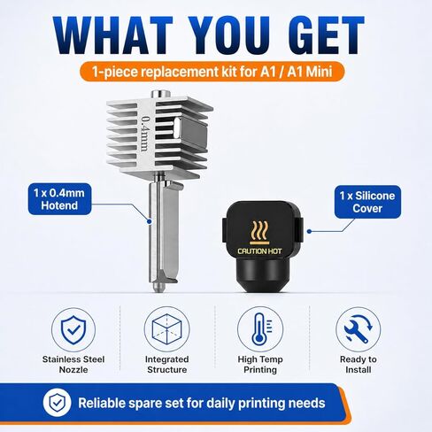 A1 Stainless Steel Hotend Kit with 0.4mm Hardened Steel Nozzle, All Metal Extruder Hot End & Heating Block Replacement, High Temp Resistant 3D Printer Accessory for Bambu Lab A1/A1 MINI in Kuwait