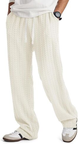 JMIERR Mens Cable Knit Pants Casual Side Slit Hem Drawstring Waist Relaxed Fit Streetwear Pants with Pockets in Saudi Arabia