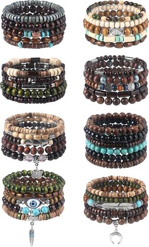 41/44 PCS Beaded Bracelets for Men Larger Size Women Adjustable Punk Braided Wooden Bracelet Bulk Wood Bangles Wristbands Meaningful Jewelry Gift in Saudi Arabia
