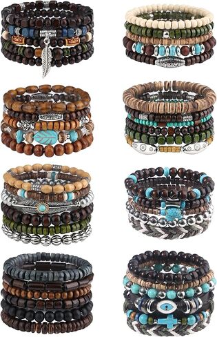 41/44 PCS Beaded Bracelets for Men Larger Size Women Adjustable Punk Braided Wooden Bracelet Bulk Wood Bangles Wristbands Meaningful Jewelry Gift in Saudi Arabia